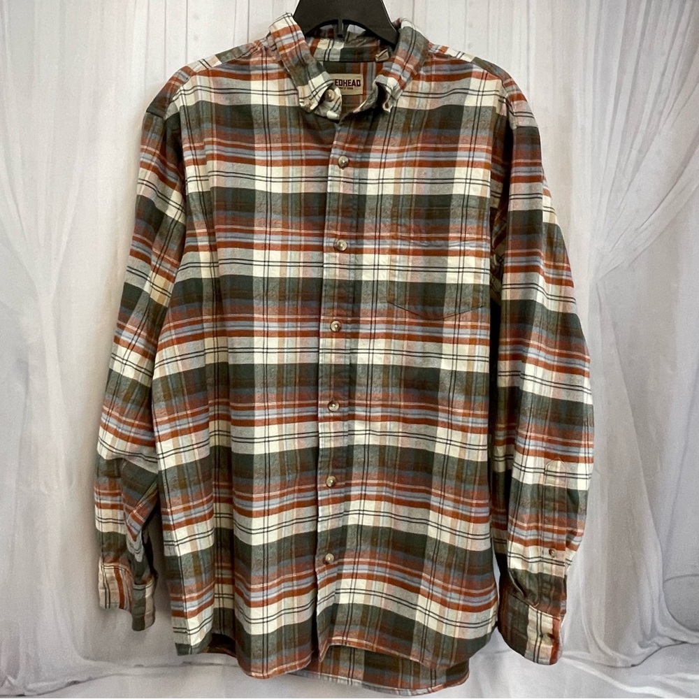 RedHead Green Brown Orange Plaid Button-Down Shirt Flannel Long Sleeve
